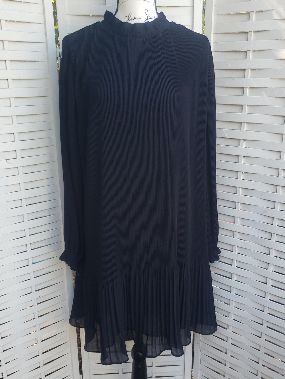 H & M Black Pleated Long-Sleeve High Neck Mini Dress L
